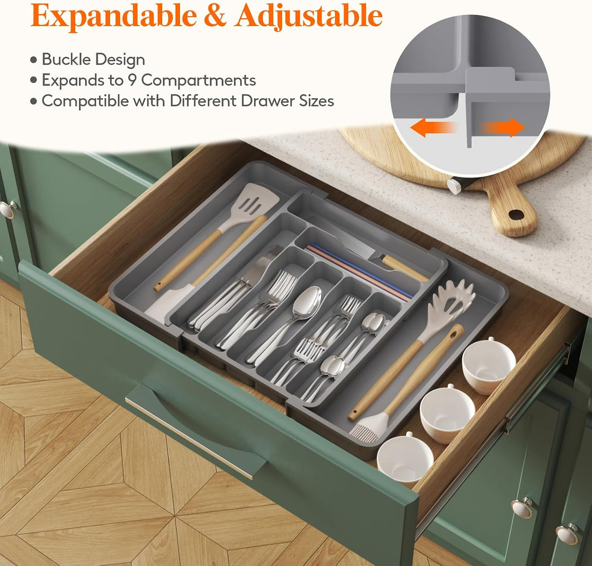 Silverware Organizer for Drawer, Expandable Utensil Tray