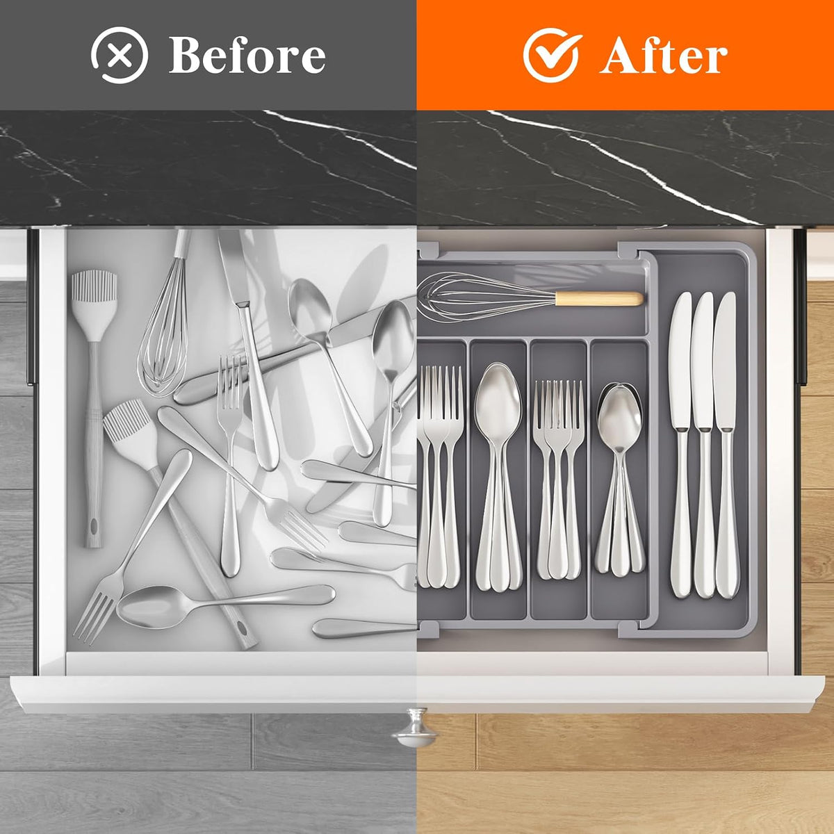 Silverware Organizer for Drawer, Expandable Utensil Tray