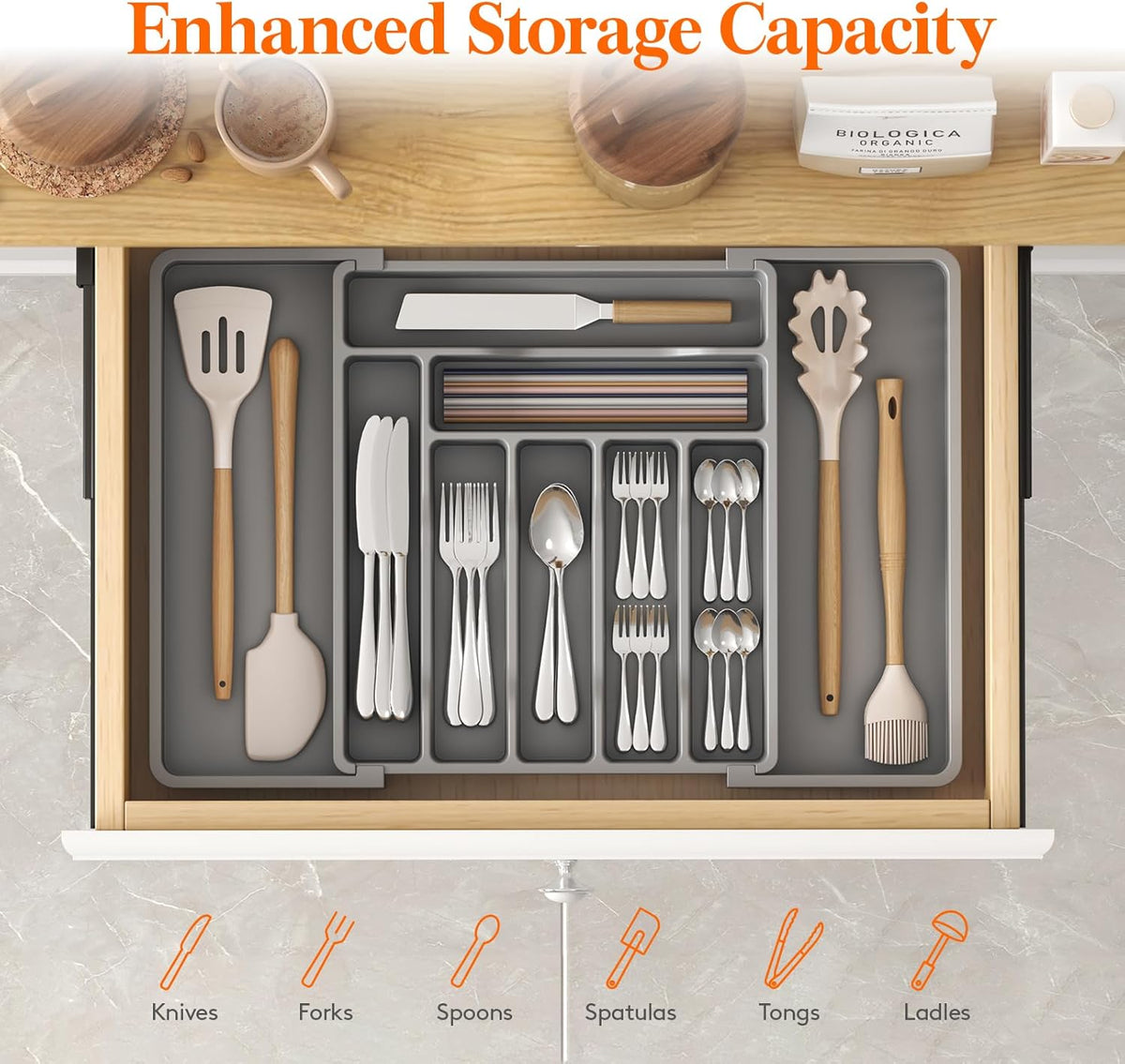 Silverware Organizer for Drawer, Expandable Utensil Tray