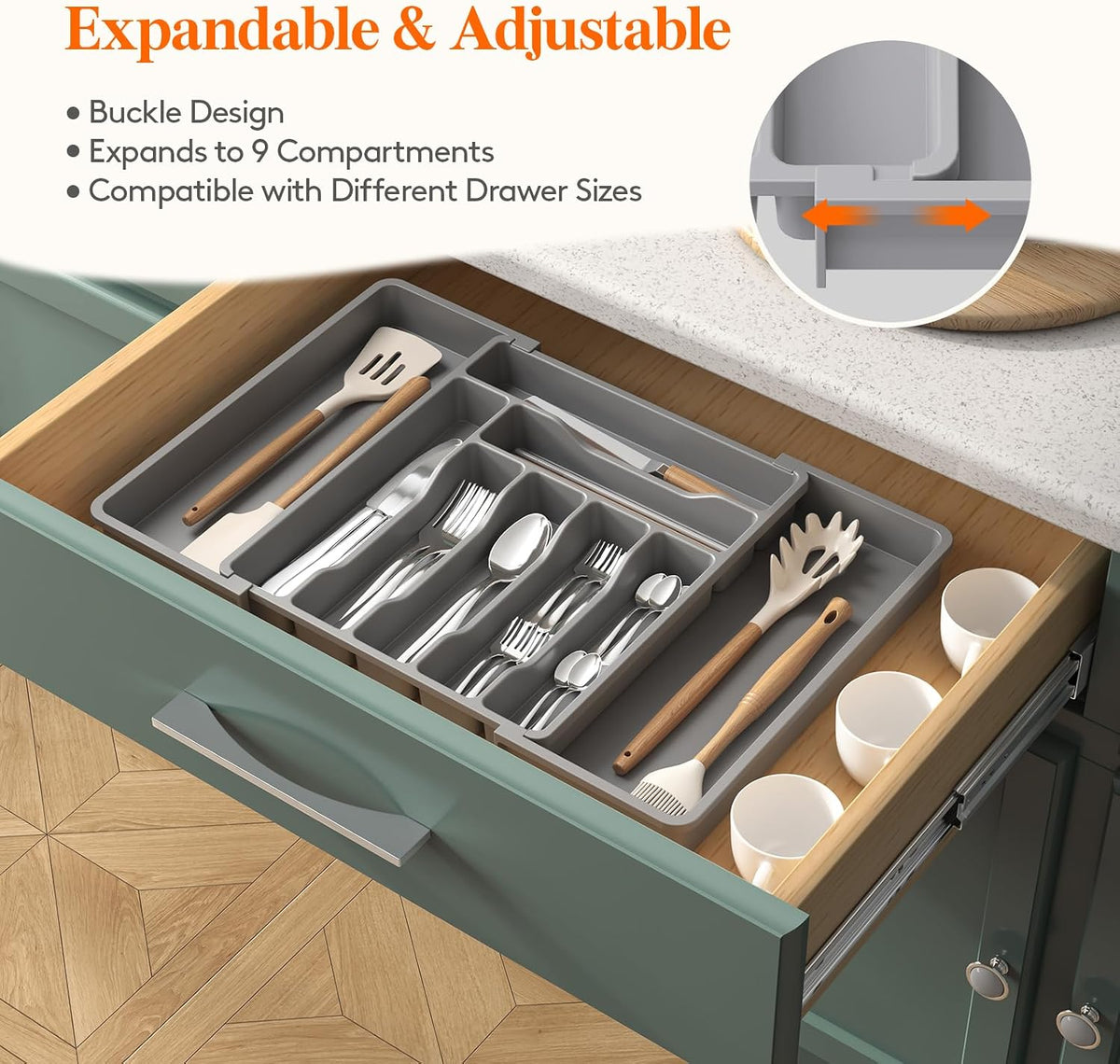 Silverware Organizer for Drawer, Expandable Utensil Tray