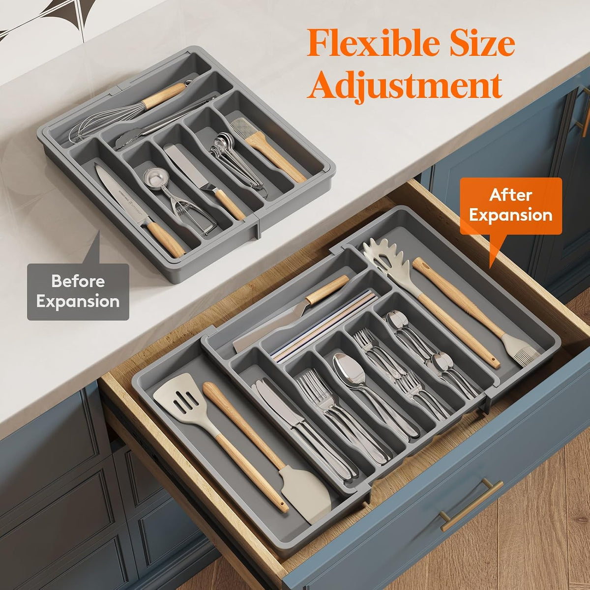 Silverware Organizer for Drawer, Expandable Utensil Tray