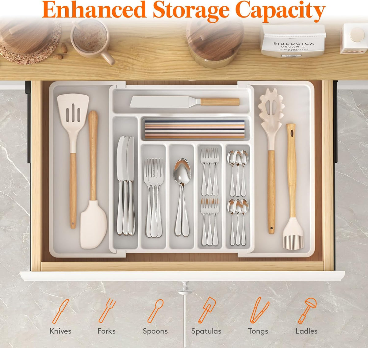 Silverware Organizer for Drawer, Expandable Utensil Tray