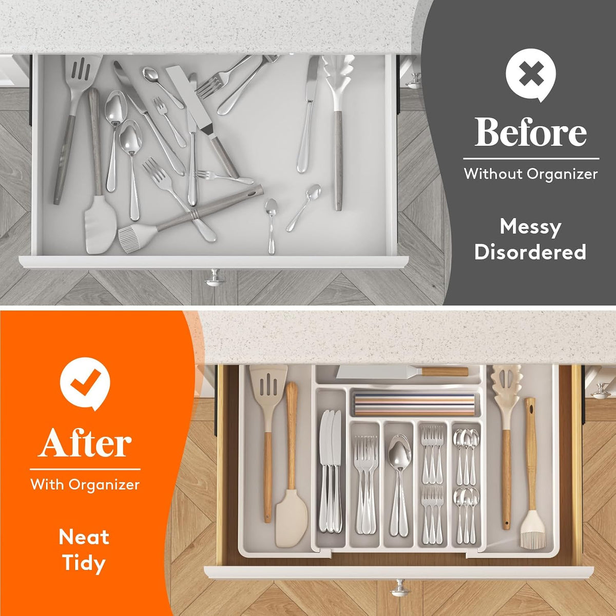 Silverware Organizer for Drawer, Expandable Utensil Tray