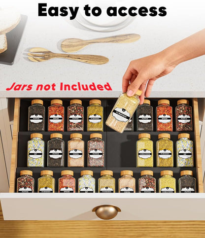 Spice Drawer Organizer, Spice Rack Tray for Kitchen Cabinet, Expandable Seasoning Storage Rack Insert for Drawer/Countertop,9 Pieces Set, Aluminum (Jars Not Included)