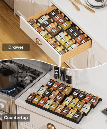 Spice Drawer Organizer, Spice Rack Tray for Kitchen Cabinet, Expandable Seasoning Storage Rack Insert for Drawer/Countertop,9 Pieces Set, Aluminum (Jars Not Included)