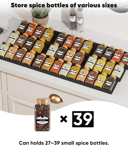 Spice Drawer Organizer, Spice Rack Tray for Kitchen Cabinet, Expandable Seasoning Storage Rack Insert for Drawer/Countertop,9 Pieces Set, Aluminum (Jars Not Included)