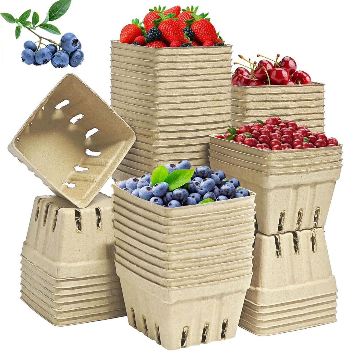 Natural Pulp Fiber Berry Baskets, Small Molded Vented Fruit Containers for Strawberry Blueberry Raspberry, Eco-Friendly Produce Trays for Farmers Market, Kitchen Storage & Grocery