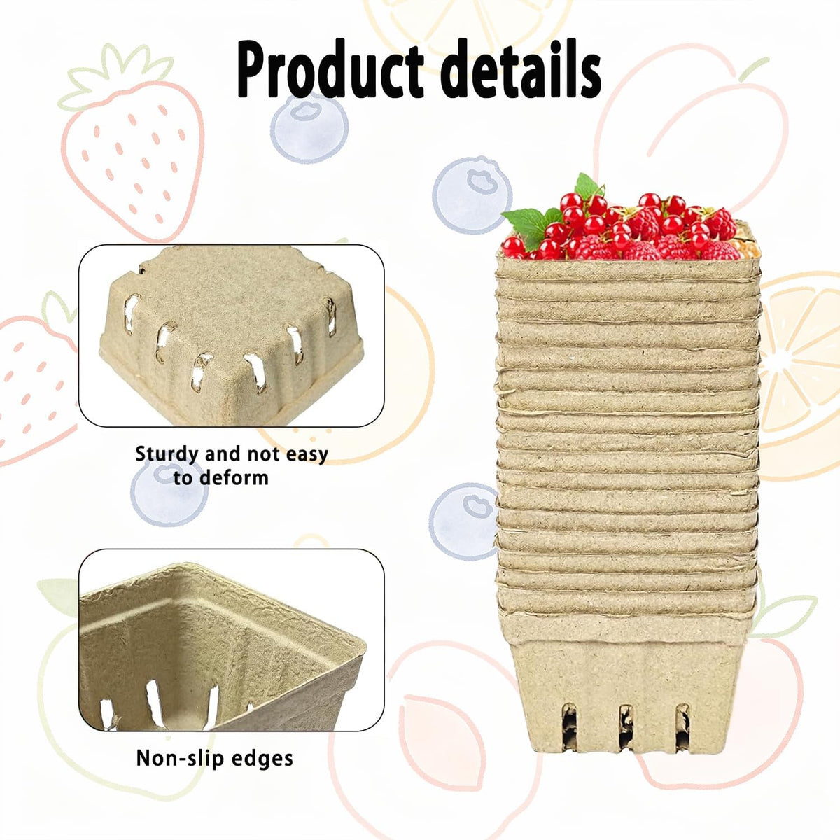 Natural Pulp Fiber Berry Baskets, Small Molded Vented Fruit Containers for Strawberry Blueberry Raspberry, Eco-Friendly Produce Trays for Farmers Market, Kitchen Storage & Grocery