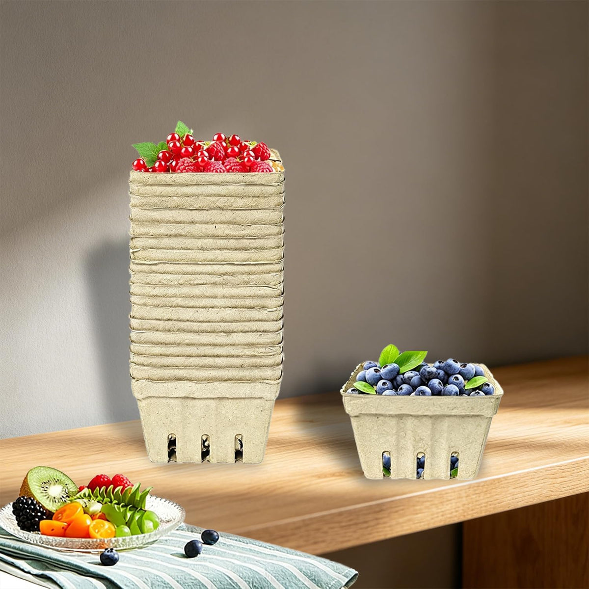 Natural Pulp Fiber Berry Baskets, Small Molded Vented Fruit Containers for Strawberry Blueberry Raspberry, Eco-Friendly Produce Trays for Farmers Market, Kitchen Storage & Grocery