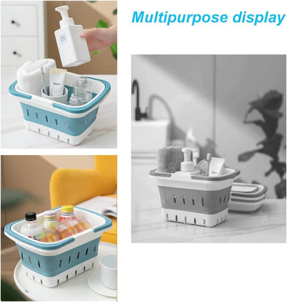 Plastic Caddy for Cleaning Supplies Products, Storage Collapsible Basket with Handles, Box Organizer Bin for Bathroom, Kitchen, College Dorm,Gym (Blue)