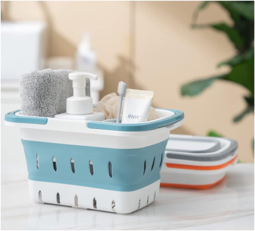 Plastic Caddy for Cleaning Supplies Products, Storage Collapsible Basket with Handles, Box Organizer Bin for Bathroom, Kitchen, College Dorm,Gym (Blue)