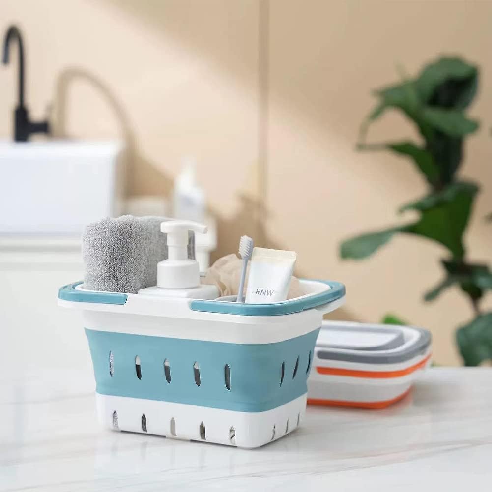 Plastic Caddy for Cleaning Supplies Products, Storage Collapsible Basket with Handles, Box Organizer Bin for Bathroom, Kitchen, College Dorm,Gym (Blue)