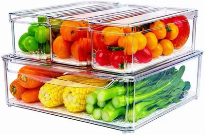 14 Pack Fridge Organizer, Stackable Refrigerator Organizer Bins with Lids, BPA-Free Fridge Organizers and Storage Containers for Fruit, Vegetable, Food, Drinks, Cereals, Clear