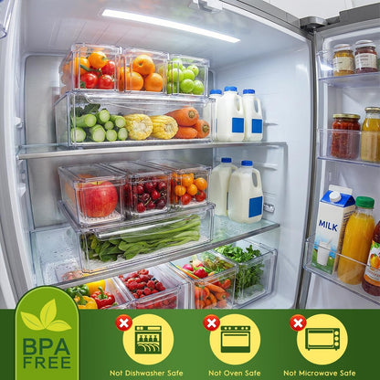 14 Pack Fridge Organizer, Stackable Refrigerator Organizer Bins with Lids, BPA-Free Fridge Organizers and Storage Containers for Fruit, Vegetable, Food, Drinks, Cereals, Clear