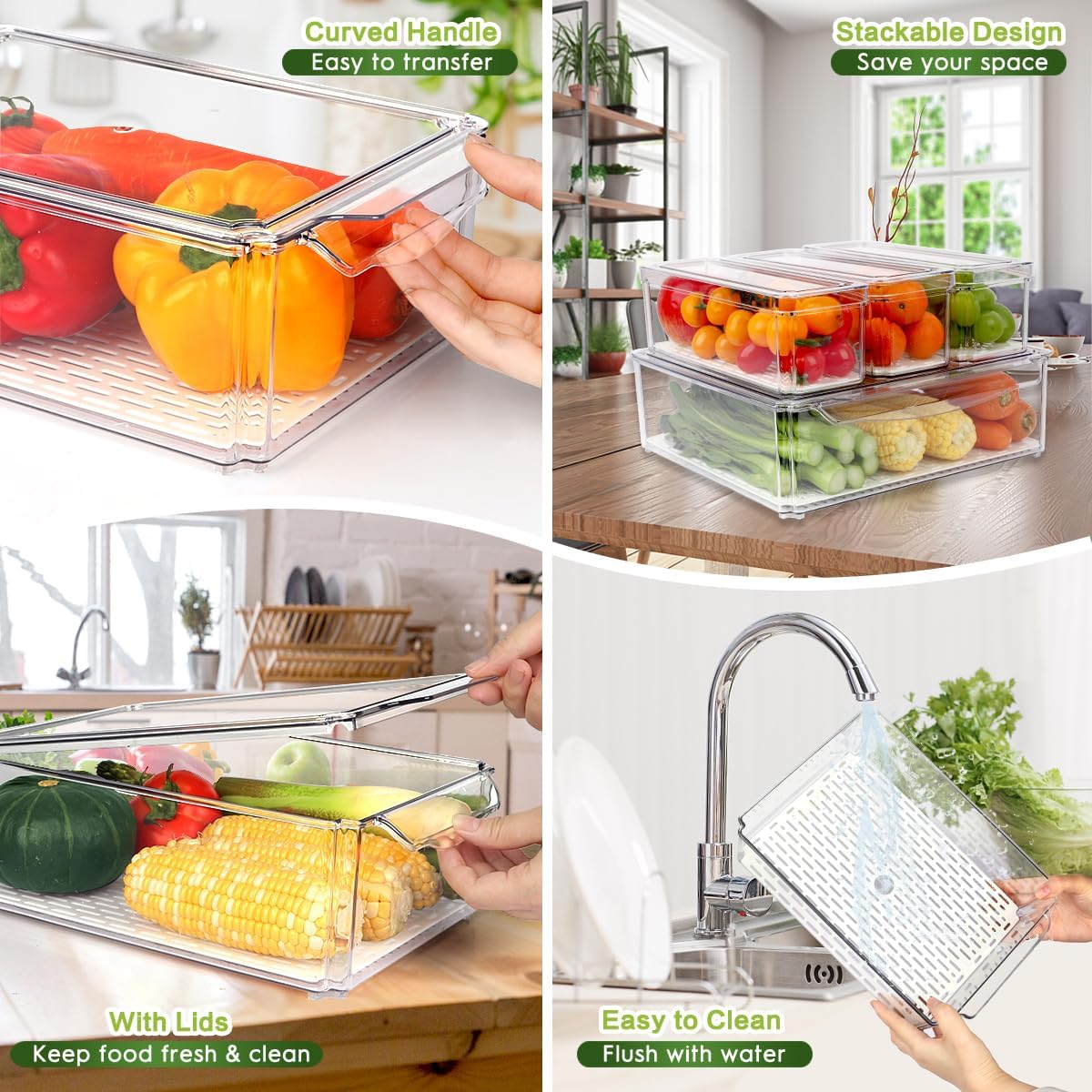 14 Pack Fridge Organizer, Stackable Refrigerator Organizer Bins with Lids, BPA-Free Fridge Organizers and Storage Containers for Fruit, Vegetable, Food, Drinks, Cereals, Clear