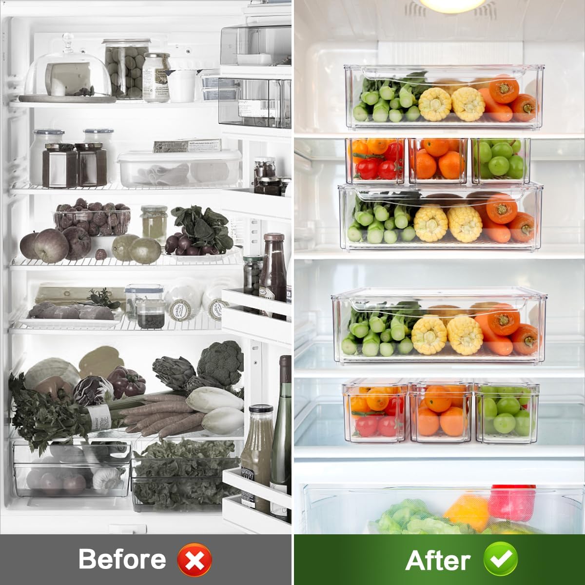 14 Pack Fridge Organizer, Stackable Refrigerator Organizer Bins with Lids, BPA-Free Fridge Organizers and Storage Containers for Fruit, Vegetable, Food, Drinks, Cereals, Clear