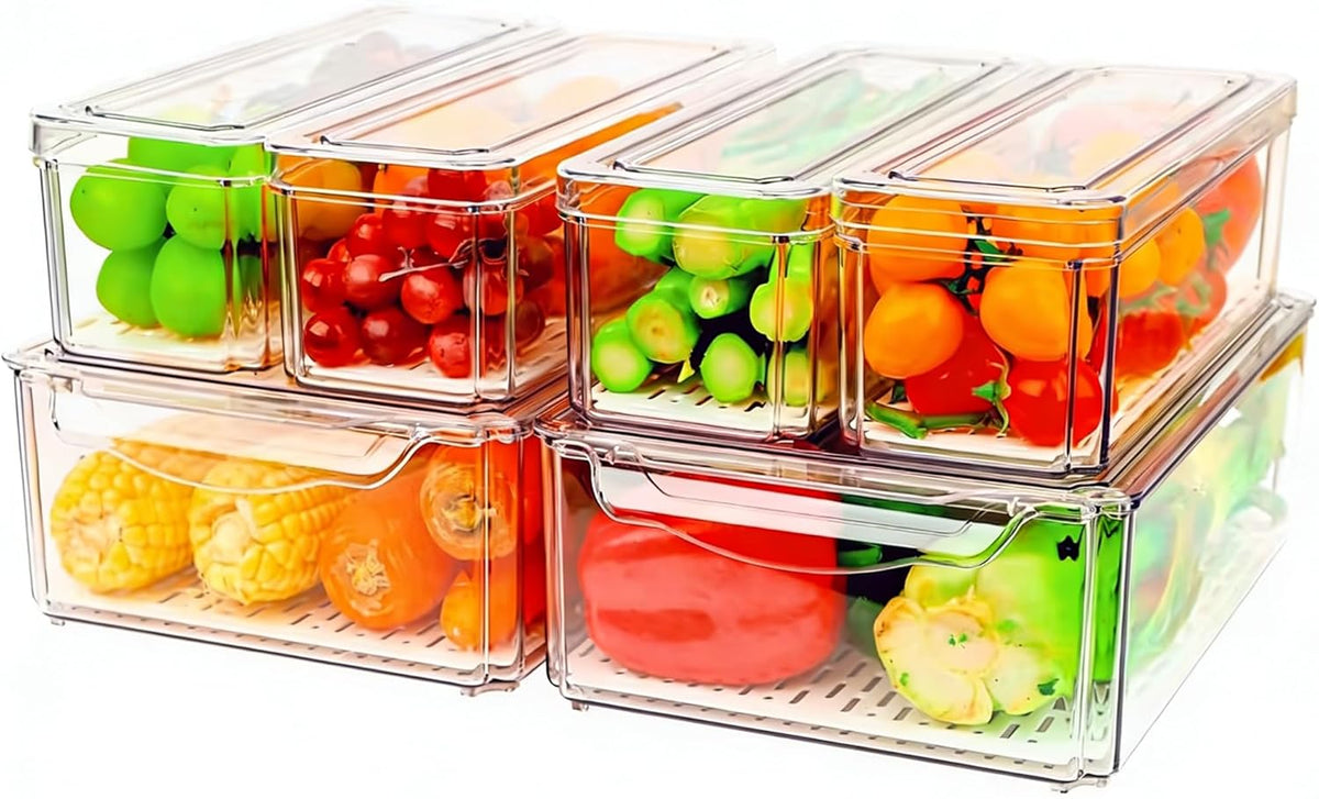 14 Pack Fridge Organizer, Stackable Refrigerator Organizer Bins with Lids, BPA-Free Fridge Organizers and Storage Containers for Fruit, Vegetable, Food, Drinks, Cereals, Clear