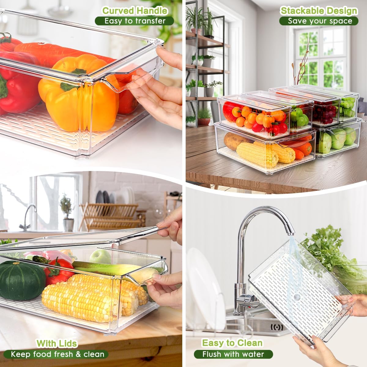 14 Pack Fridge Organizer, Stackable Refrigerator Organizer Bins with Lids, BPA-Free Fridge Organizers and Storage Containers for Fruit, Vegetable, Food, Drinks, Cereals, Clear