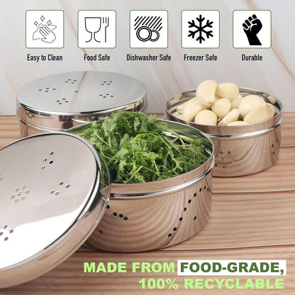 Stainless Steel Coriander Dabba with Air Ventilation, Food Storage Containers, Puri, Dhaniya, Sprout Maker, Dryfruits, Gifts for Cooks, Fridge Herb Storage for Herbs & Vegetables, Set of 3