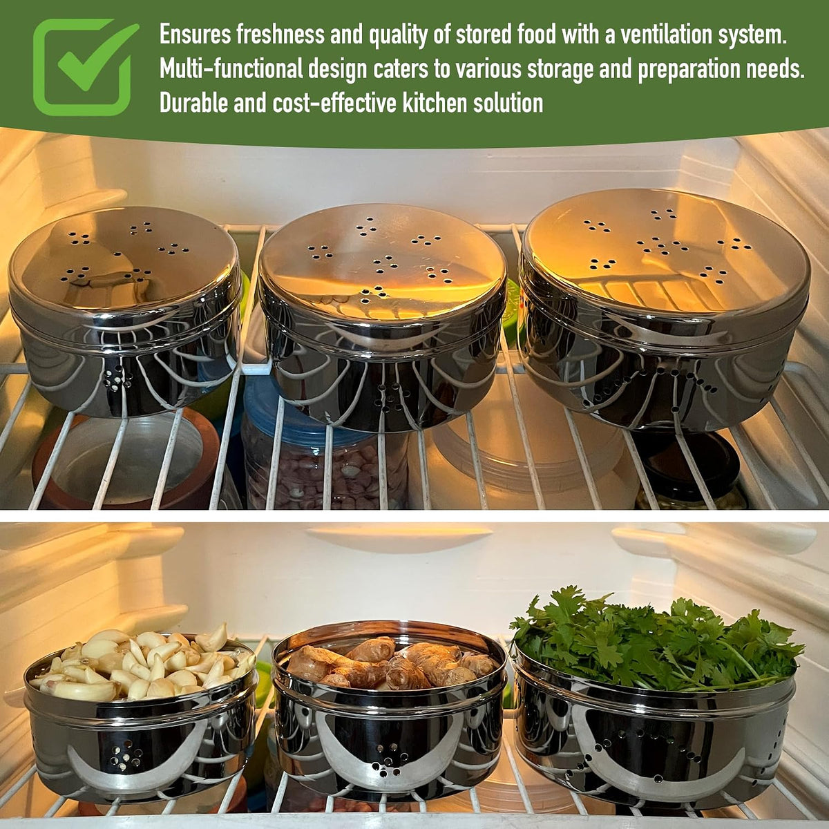 Stainless Steel Coriander Dabba with Air Ventilation, Food Storage Containers, Puri, Dhaniya, Sprout Maker, Dryfruits, Gifts for Cooks, Fridge Herb Storage for Herbs & Vegetables, Set of 3