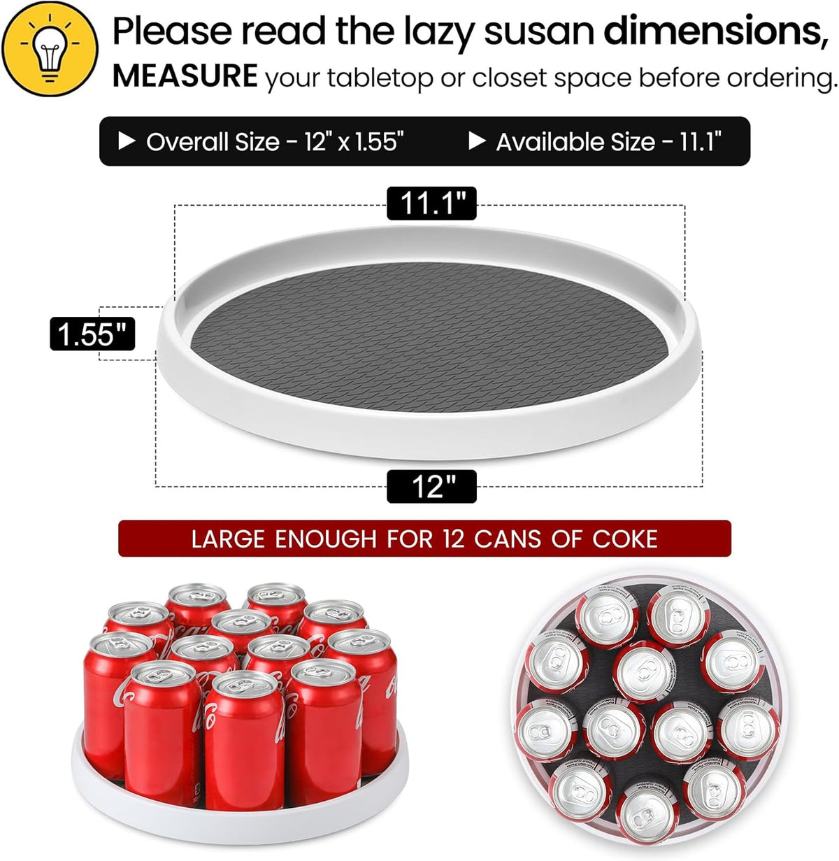 12-Inch Non-Skid Turntable Lazy Susan Organizer - Spinning Rack for Cabinet Table Top, Pantry Organization Storage, Kitchen, Fridge, Vanity, Countertop, Under Sink Organizing, Spice Spinner