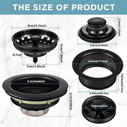 5 Pcs 3-1/2 Inch Kitchen Sink Drain Strainer Assembly with Sink Garbage Disposal Flange and Stopper, Splash Guard Stainless Steel Replacement Accessories Kit(Black)
