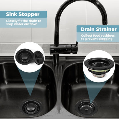5 Pcs 3-1/2 Inch Kitchen Sink Drain Strainer Assembly with Sink Garbage Disposal Flange and Stopper, Splash Guard Stainless Steel Replacement Accessories Kit(Black)