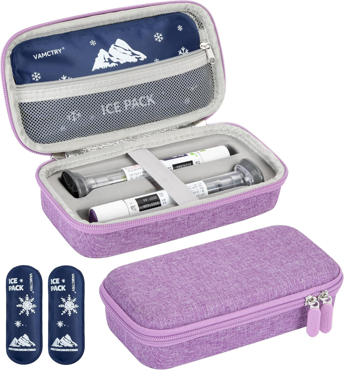 Insulated Cooler Travel Case Fits 2 Zepbound or Mounjaro Injector Pens, Tirzepatide Travel Case with 2 Reusable Ice Packs, TSA Compliant EVA Medicine Organizer for Daily Use, Purple
