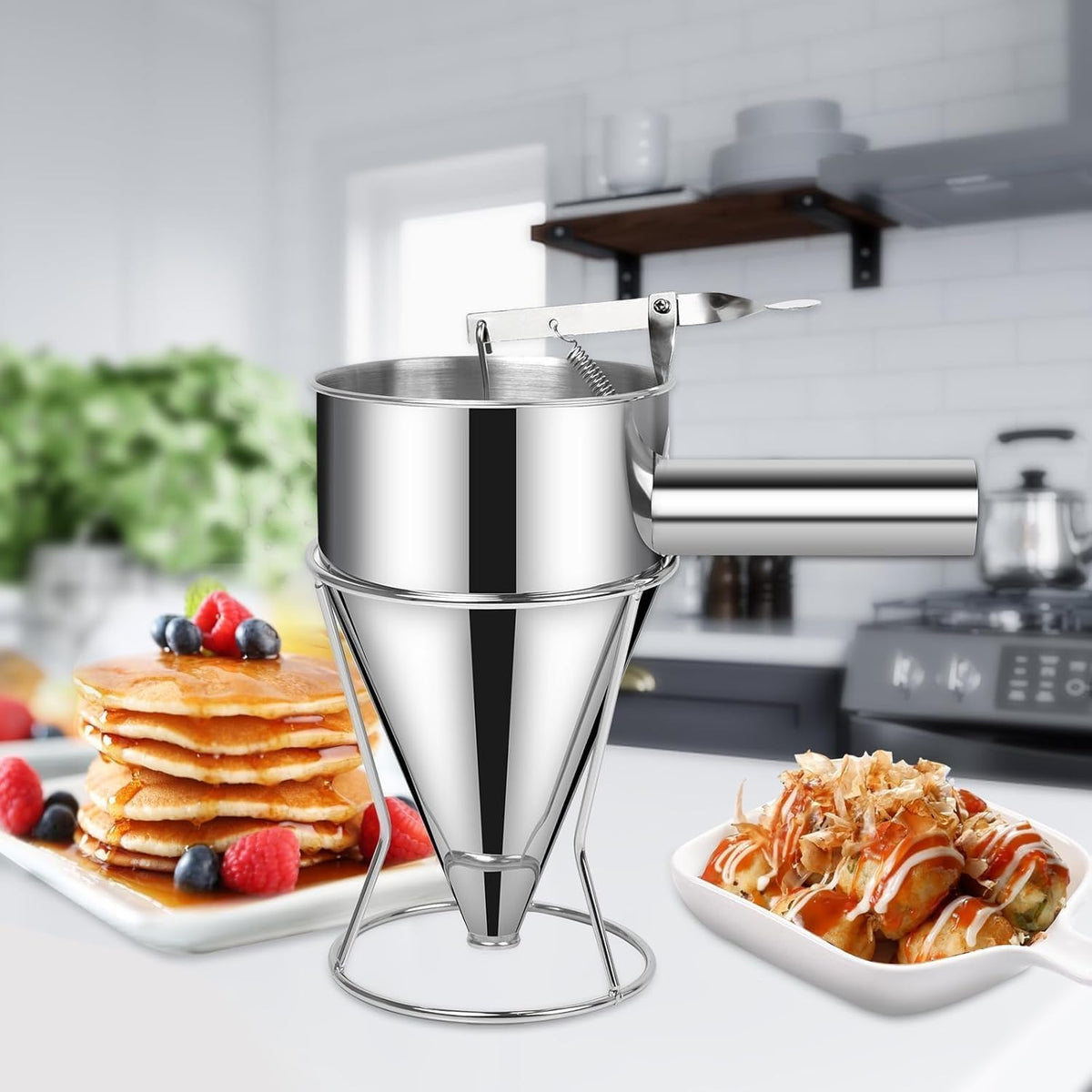 40 OZ Multi-Functional Pancake Batter Dispenser, Multi-Caliber Stainless Steel Funnel Cake Dispenser with Stand Great for Pancakes,Cupcakes,Chocolate Balls and Baked Goods (1200ml)