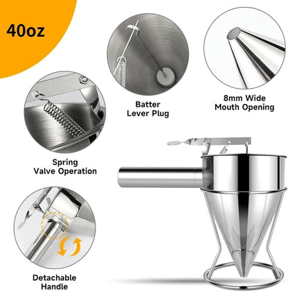 40 OZ Multi-Functional Pancake Batter Dispenser, Multi-Caliber Stainless Steel Funnel Cake Dispenser with Stand Great for Pancakes,Cupcakes,Chocolate Balls and Baked Goods (1200ml)