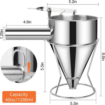 40 OZ Multi-Functional Pancake Batter Dispenser, Multi-Caliber Stainless Steel Funnel Cake Dispenser with Stand Great for Pancakes,Cupcakes,Chocolate Balls and Baked Goods (1200ml)