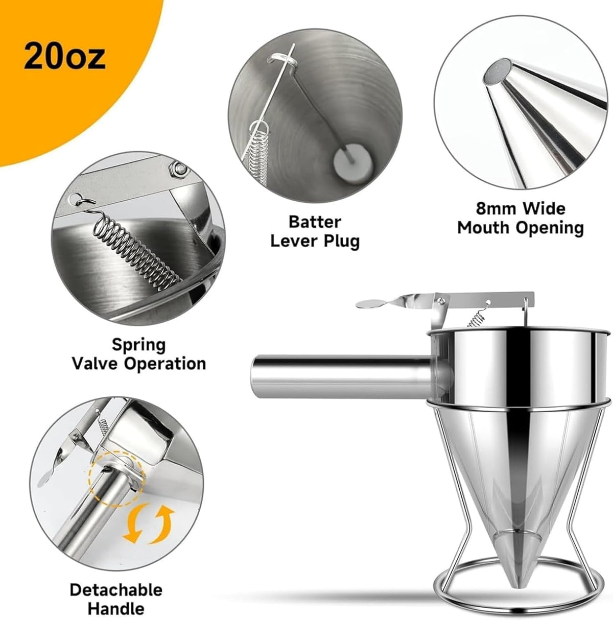40 OZ Multi-Functional Pancake Batter Dispenser, Multi-Caliber Stainless Steel Funnel Cake Dispenser with Stand Great for Pancakes,Cupcakes,Chocolate Balls and Baked Goods (1200ml)