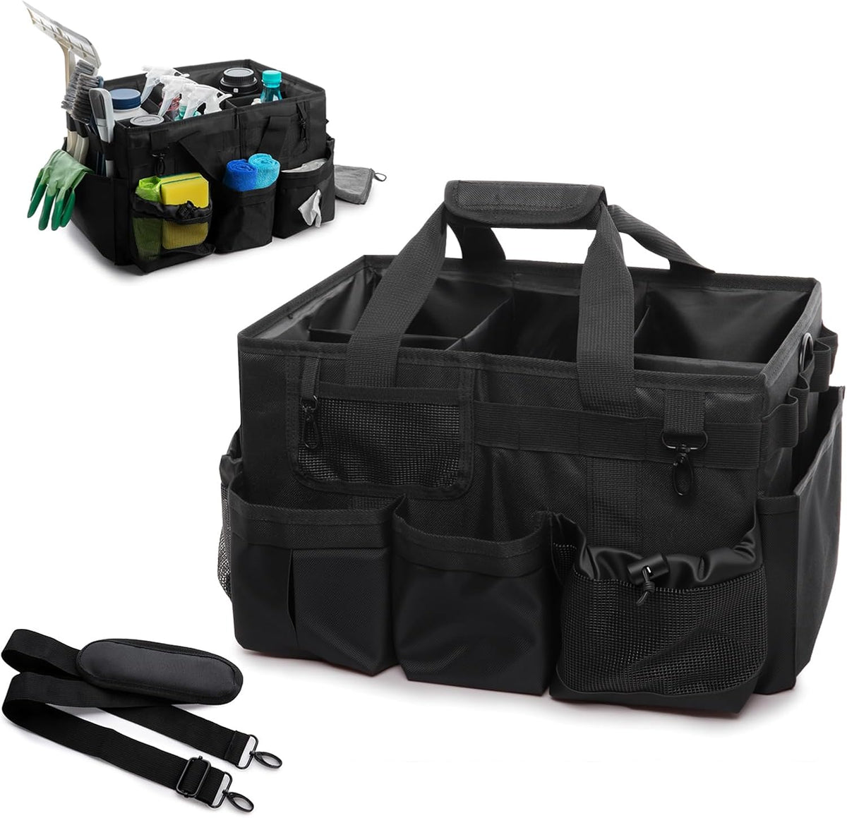 Large Cleaning Caddy Organizer, Adj Straps & Belt Dividers Heavy‑Duty | Heavy-duty Waterproof Nylon Fabric, Handle, Removable Divider, for Housekeepers, Car detailing, Kitchen Bathroom