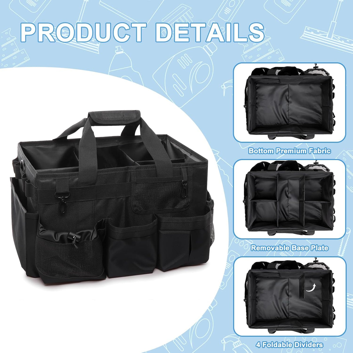 Large Cleaning Caddy Organizer, Adj Straps & Belt Dividers Heavy‑Duty | Heavy-duty Waterproof Nylon Fabric, Handle, Removable Divider, for Housekeepers, Car detailing, Kitchen Bathroom