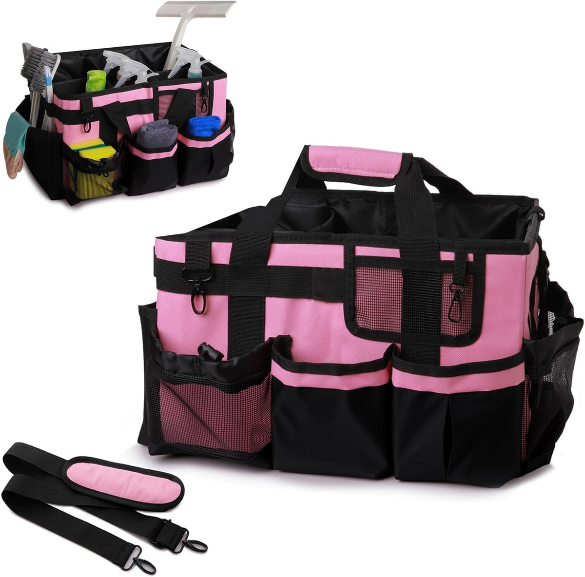 Large Cleaning Caddy Organizer, Adj Straps & Belt Dividers Heavy‑Duty | Heavy-duty Waterproof Nylon Fabric, Handle, Removable Divider, for Housekeepers, Car detailing, Kitchen Bathroom