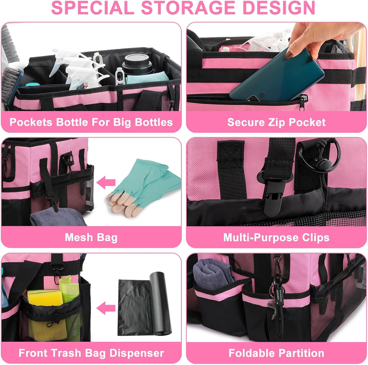 Large Cleaning Caddy Organizer, Adj Straps & Belt Dividers Heavy‑Duty | Heavy-duty Waterproof Nylon Fabric, Handle, Removable Divider, for Housekeepers, Car detailing, Kitchen Bathroom