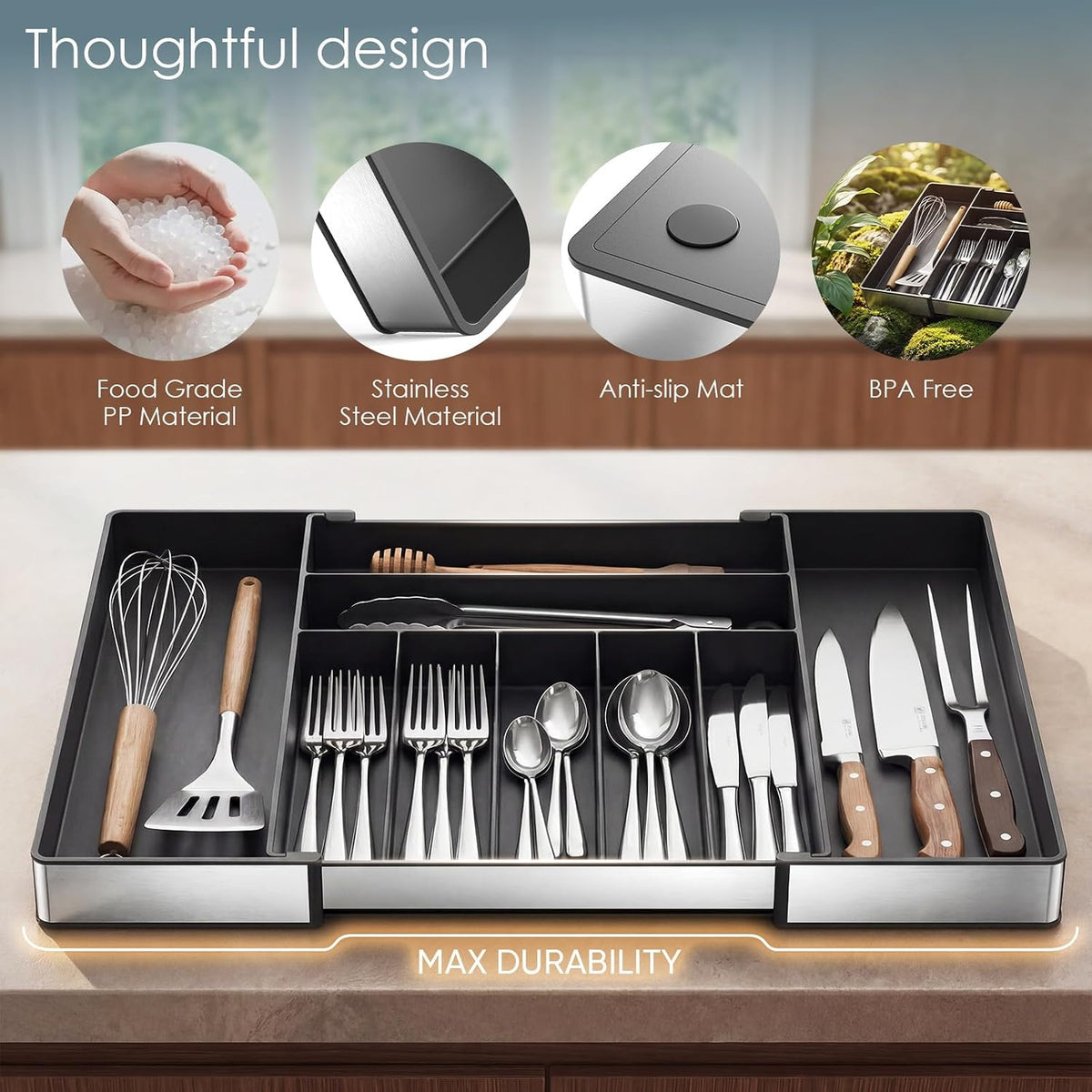 Silverware Drawer Organizer, 9 Slots Expandable Kitchen Drawer Organizer
