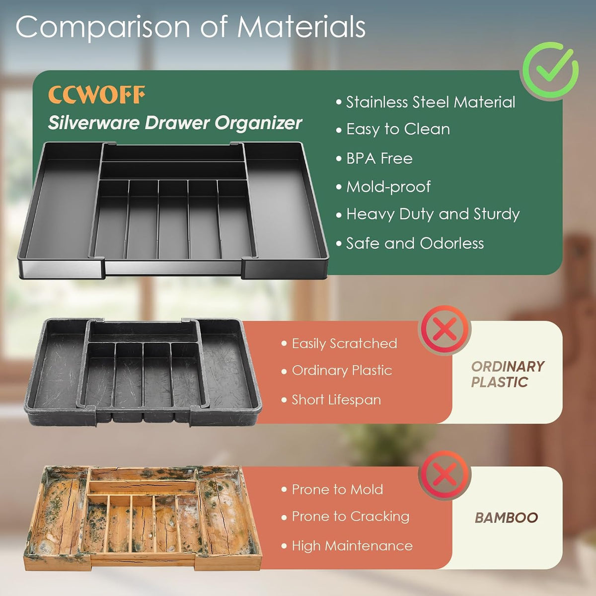 Silverware Drawer Organizer, 9 Slots Expandable Kitchen Drawer Organizer
