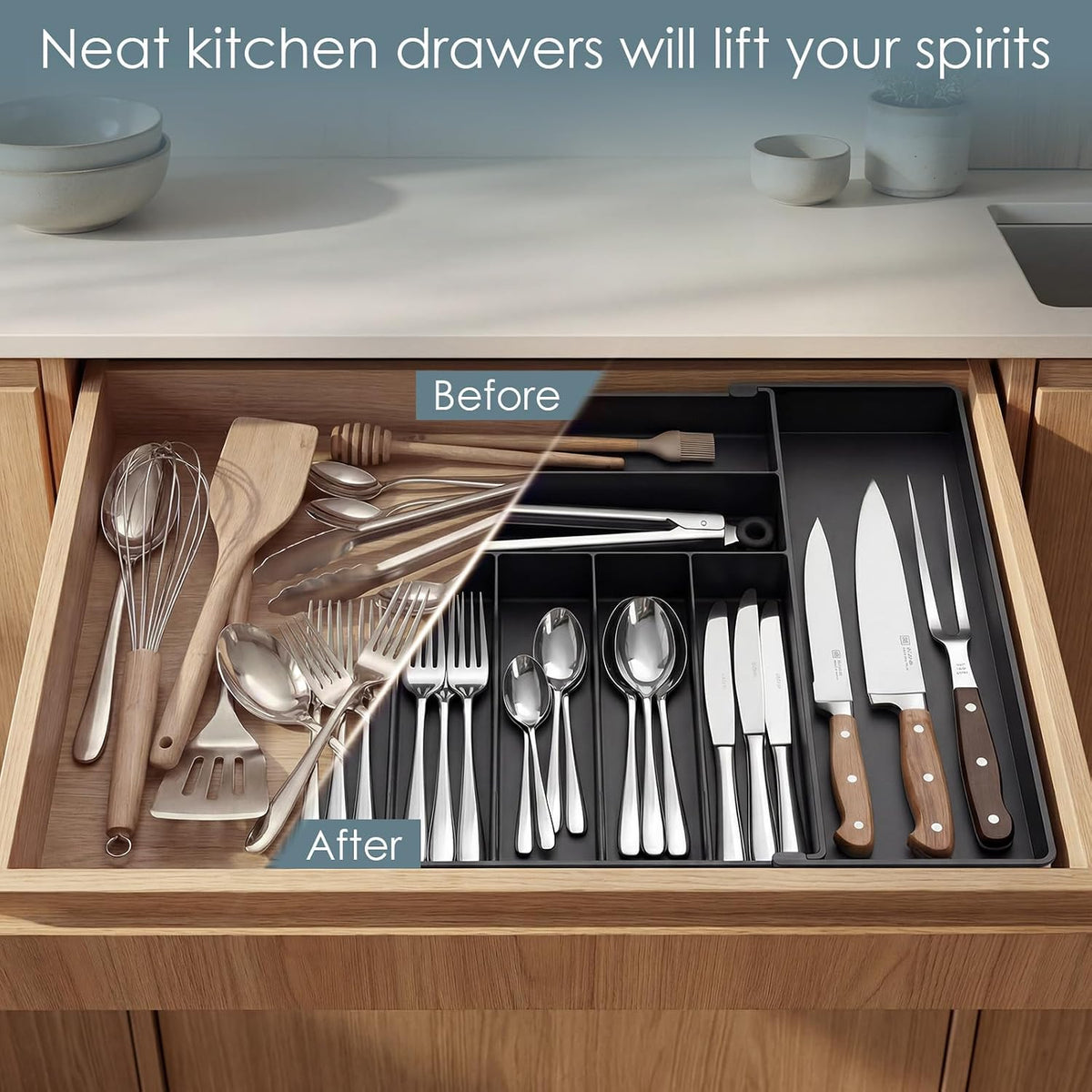 Silverware Drawer Organizer, 9 Slots Expandable Kitchen Drawer Organizer