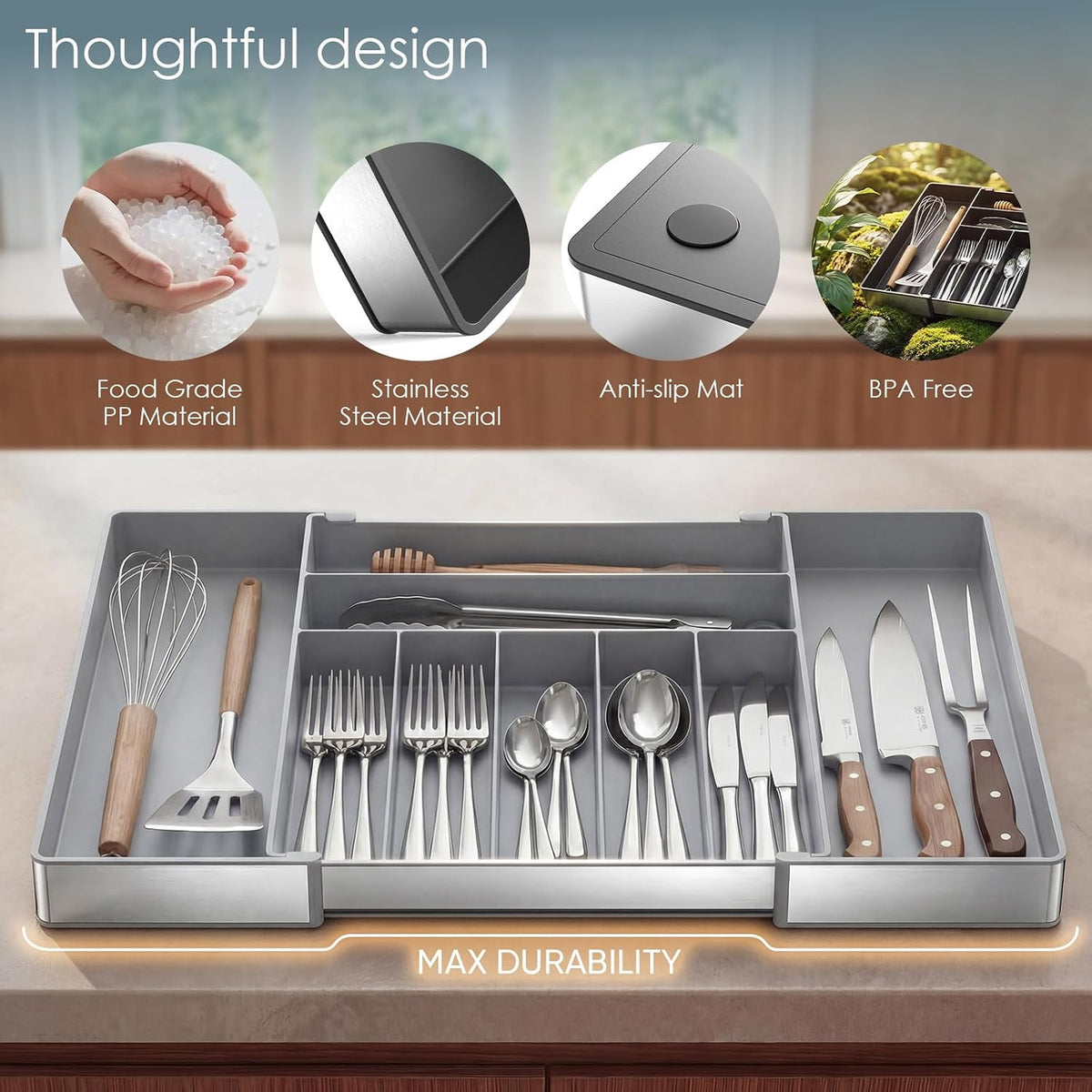 Silverware Drawer Organizer, 9 Slots Expandable Kitchen Drawer Organizer