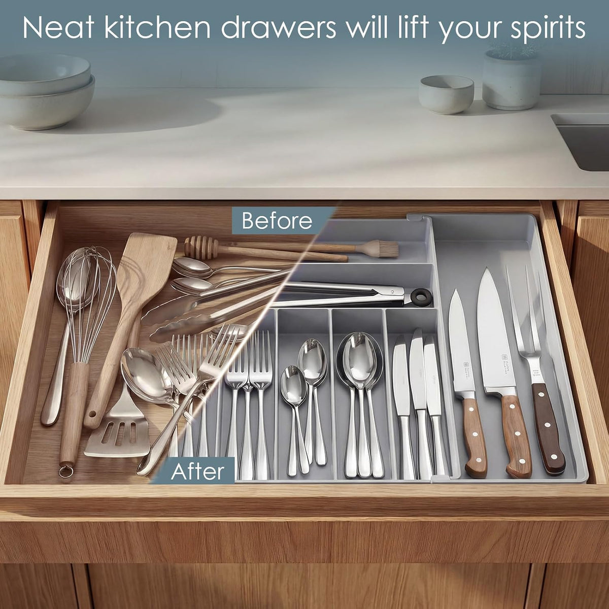 Silverware Drawer Organizer, 9 Slots Expandable Kitchen Drawer Organizer