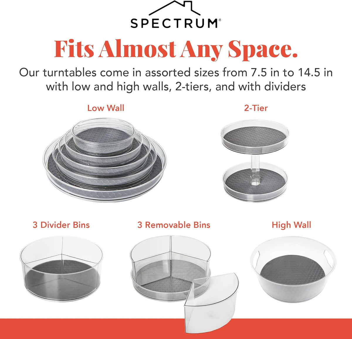 Medium Lazy Susan Organizers 9.5 in Pack of 2 for Cabinet Pantry Table Rotating Kitchen Storage Spice Rack Fridge Organization, Charcoal Gray Spinning Turntable for Sauces Jams Condiments