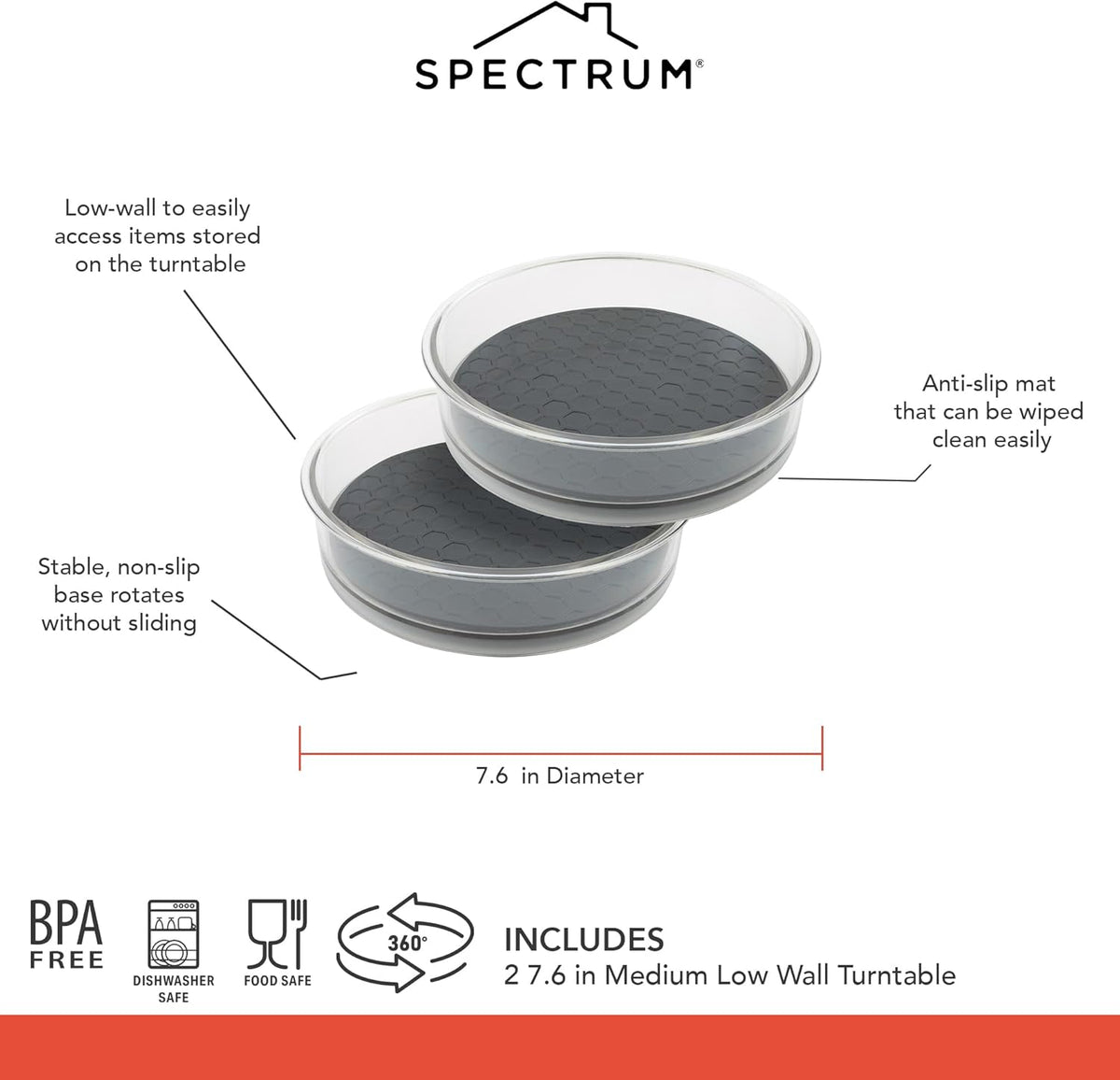 Medium Lazy Susan Organizers 9.5 in Pack of 2 for Cabinet Pantry Table Rotating Kitchen Storage Spice Rack Fridge Organization, Charcoal Gray Spinning Turntable for Sauces Jams Condiments