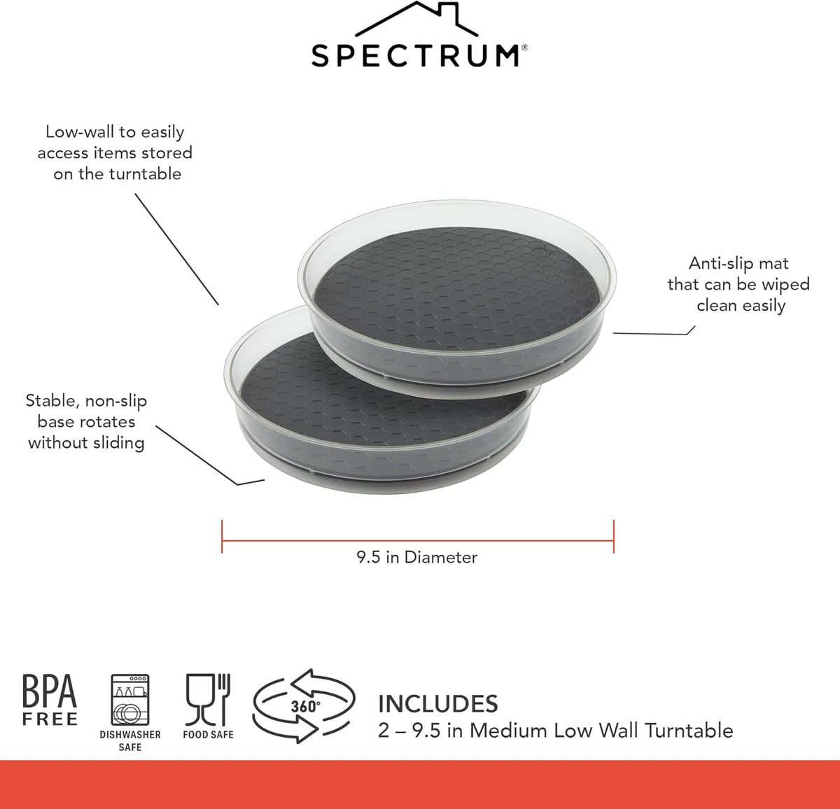 Medium Lazy Susan Organizers 9.5 in Pack of 2 for Cabinet Pantry Table Rotating Kitchen Storage Spice Rack Fridge Organization, Charcoal Gray Spinning Turntable for Sauces Jams Condiments