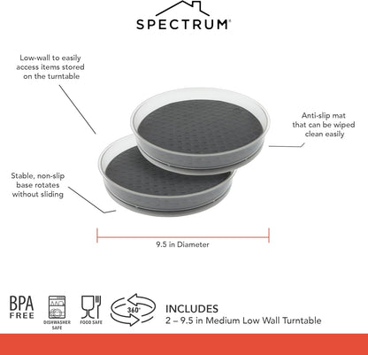 Medium Lazy Susan Organizers 9.5 in Pack of 2 for Cabinet Pantry Table Rotating Kitchen Storage Spice Rack Fridge Organization, Charcoal Gray Spinning Turntable for Sauces Jams Condiments