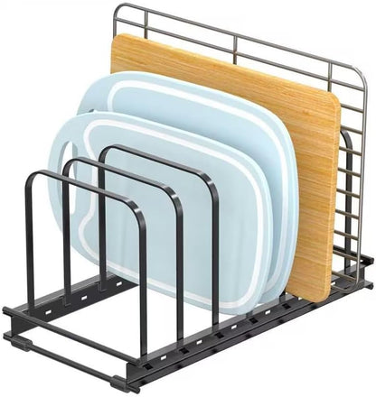 TEAMOLA Metal Cutting Board Organizer - Adjustable Bakeware Rack 2-Pack | Black Metal Kitchen Rack Organizer, Adjustable Holder Fits Pans Lids Sheets, Cabinet Counter Under Sink Caddy with 7 Slots