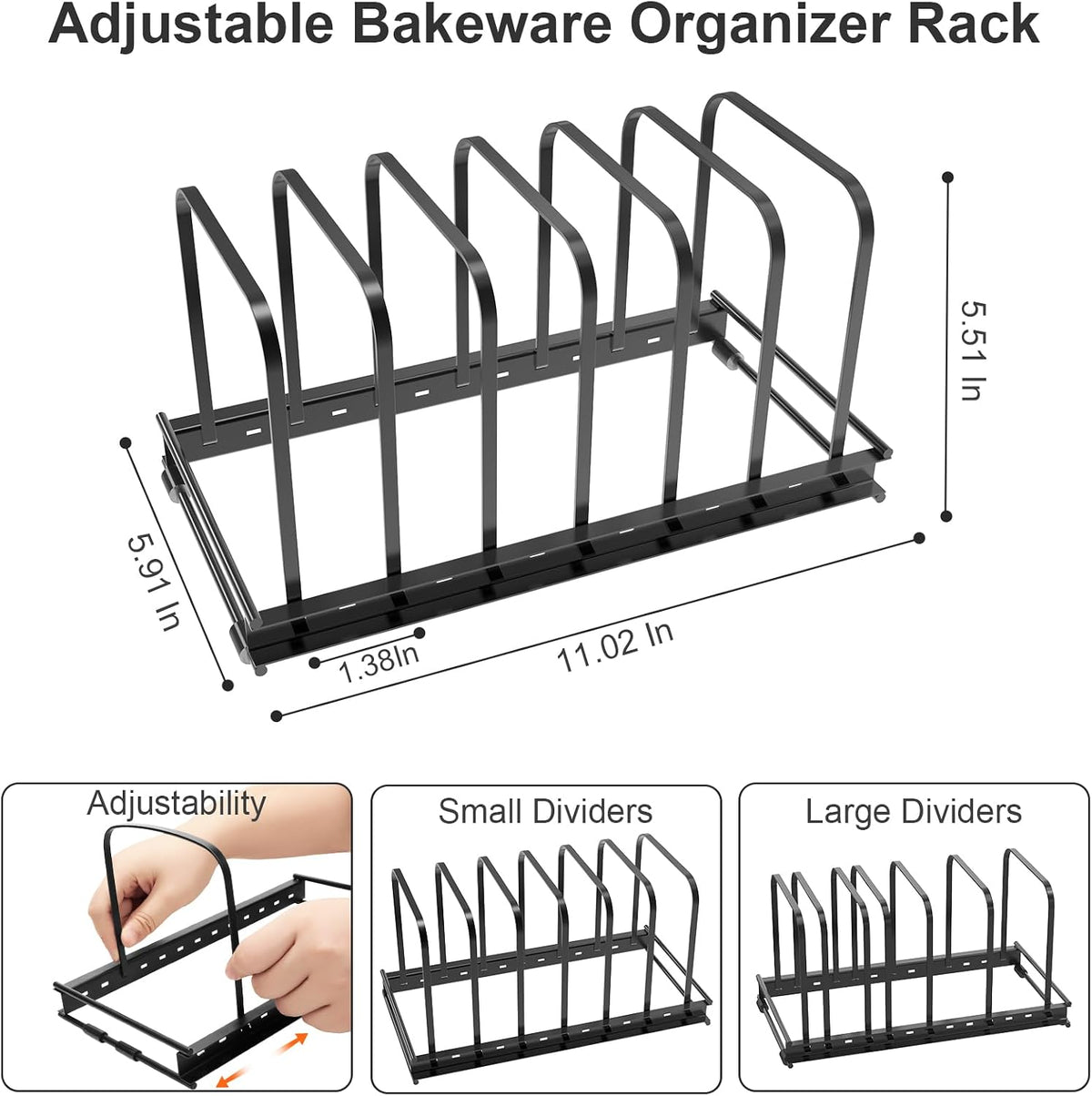 TEAMOLA Metal Cutting Board Organizer - Adjustable Bakeware Rack 2-Pack | Black Metal Kitchen Rack Organizer, Adjustable Holder Fits Pans Lids Sheets, Cabinet Counter Under Sink Caddy with 7 Slots