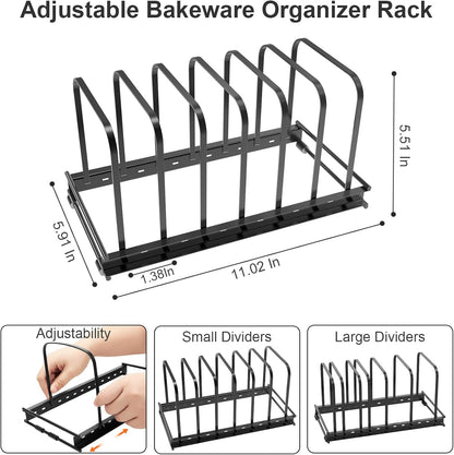 TEAMOLA Metal Cutting Board Organizer - Adjustable Bakeware Rack 2-Pack | Black Metal Kitchen Rack Organizer, Adjustable Holder Fits Pans Lids Sheets, Cabinet Counter Under Sink Caddy with 7 Slots