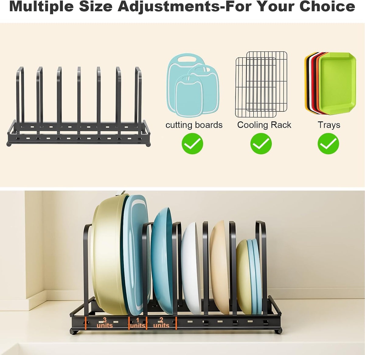TEAMOLA Metal Cutting Board Organizer - Adjustable Bakeware Rack 2-Pack | Black Metal Kitchen Rack Organizer, Adjustable Holder Fits Pans Lids Sheets, Cabinet Counter Under Sink Caddy with 7 Slots