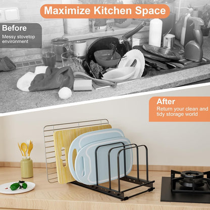 TEAMOLA Metal Cutting Board Organizer - Adjustable Bakeware Rack 2-Pack | Black Metal Kitchen Rack Organizer, Adjustable Holder Fits Pans Lids Sheets, Cabinet Counter Under Sink Caddy with 7 Slots